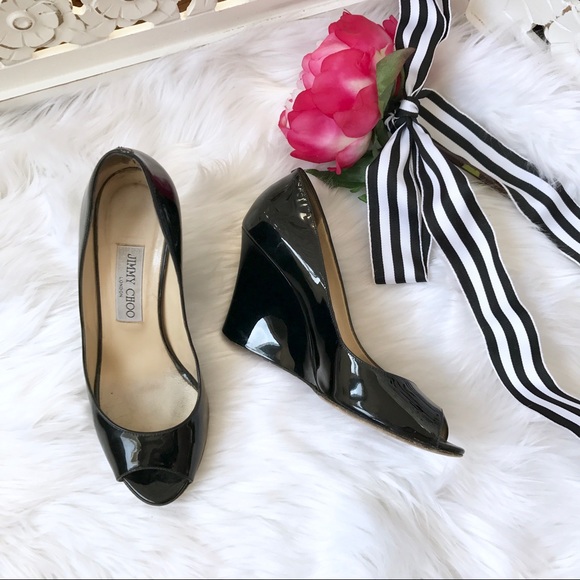 Jimmy Choo Shoes - Jimmy Choo Patent Leather Wedge Peep Toe